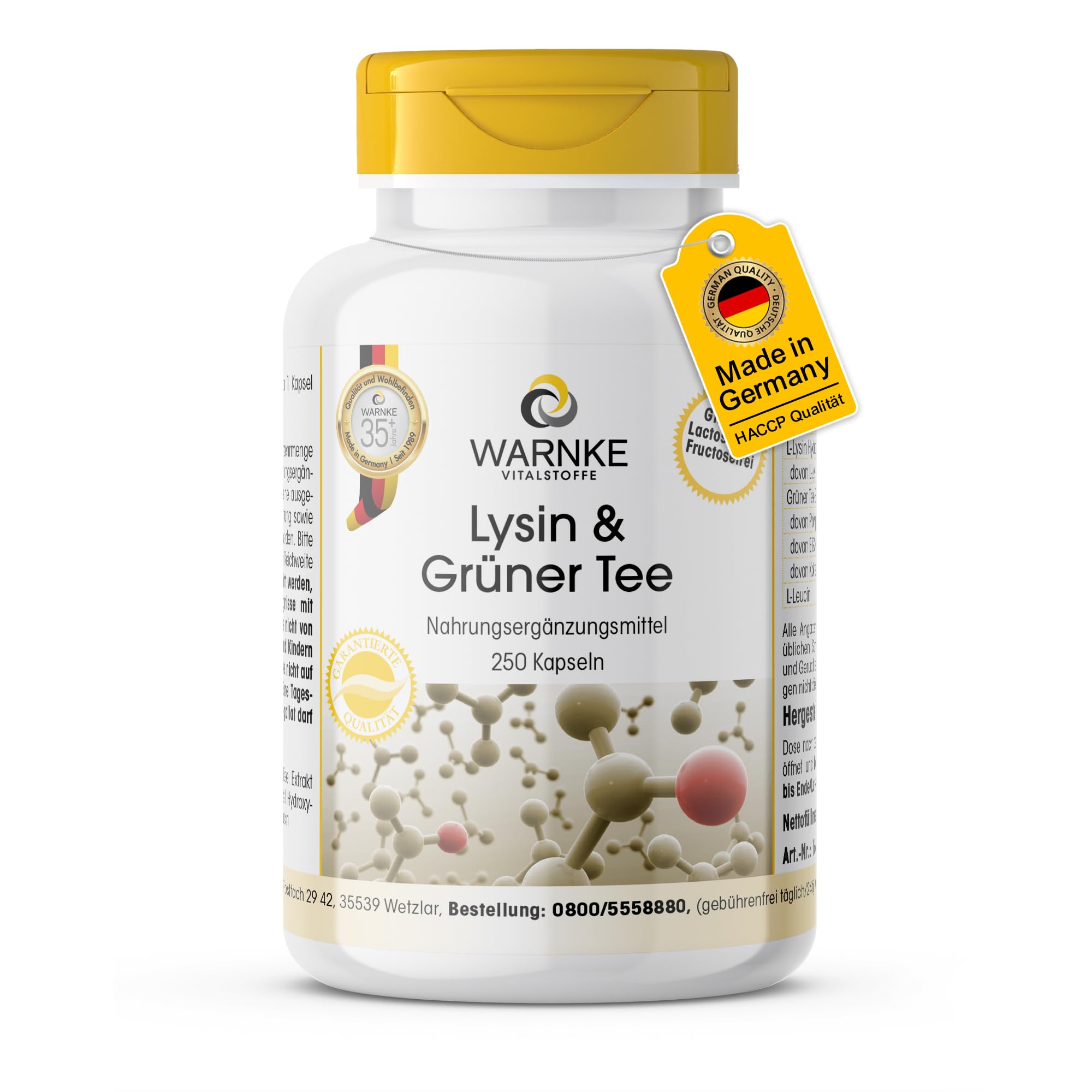 L-lisina e tè verde - 250 capsule - polifenoli - EGCG - caffeina - vegano e ad alto dosaggio - confezione grande | Warnke Vitalstoffe - Qualità farmaceutica tedesca