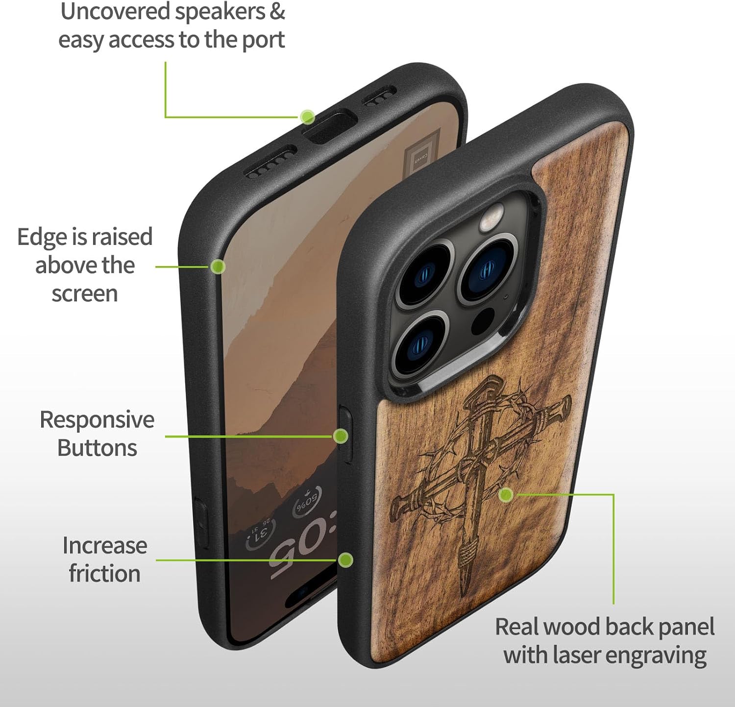 Carveit Magnetic Wood Case for iPhone 14 Pro Case [Natural Wood & Black Soft TPU] Shockproof Protective Cover Unique Wooden Case Compatible with magsafe (Crucifix Nails -Walnut)