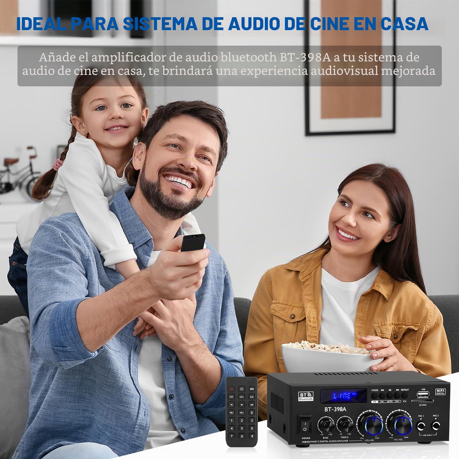 BT-398A Amplificadore Audio, Amplificadore Bluetooth 5.0 2.0 Canal 60W+60W Potencia nominal Mini Altavoces Amplificadores de Sonido Digital FM Radio USB SD Card para Home Theater Sistema de Audio
