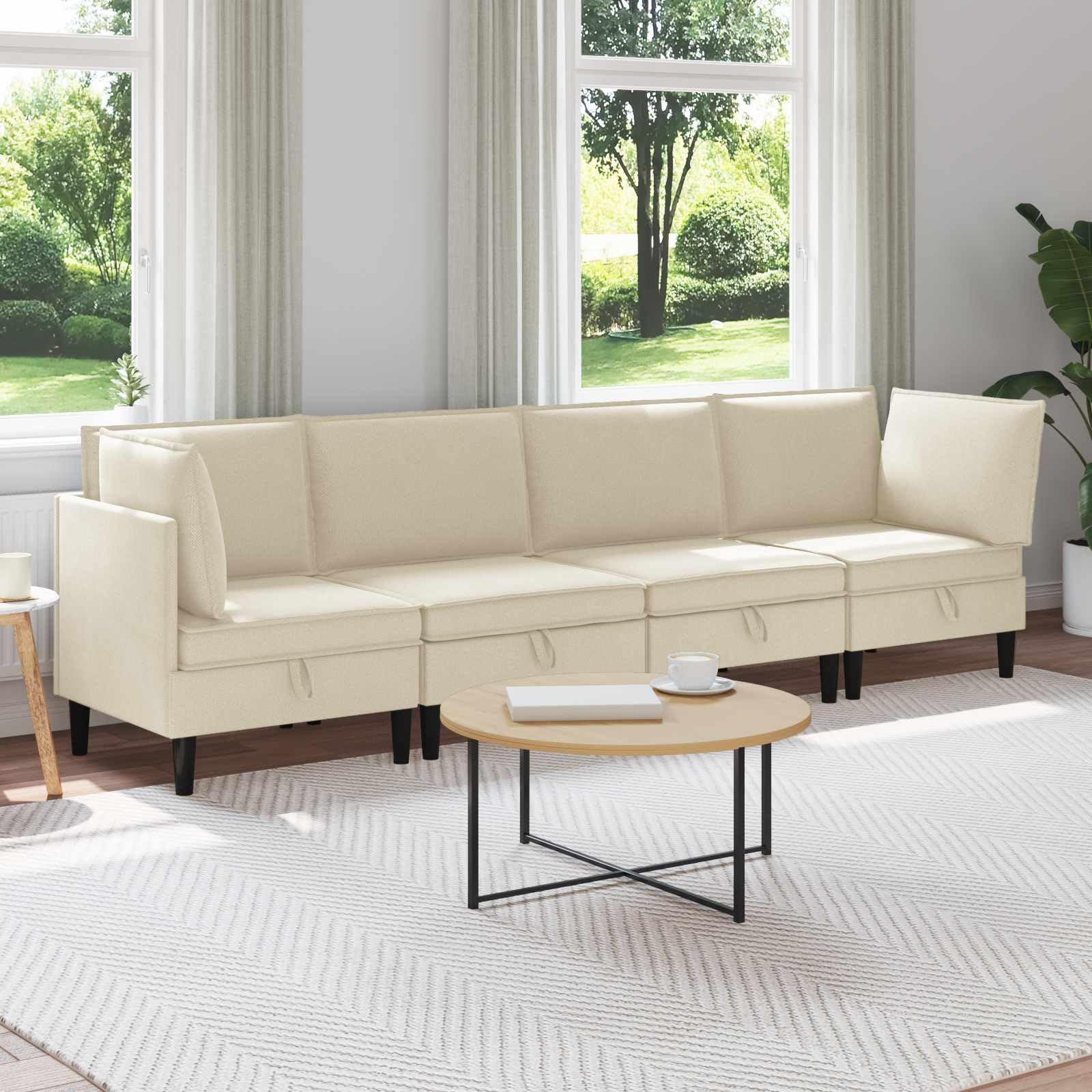 Zestaw mebli do salonu, 4-częściowy, kremowy materiał, tapicerka z ramą ze sklejki i nogami z tworzywa sztucznego, sofa narożna i kanapa do salonu, ergonomiczny, trwały, łatwy w pielęgnacji