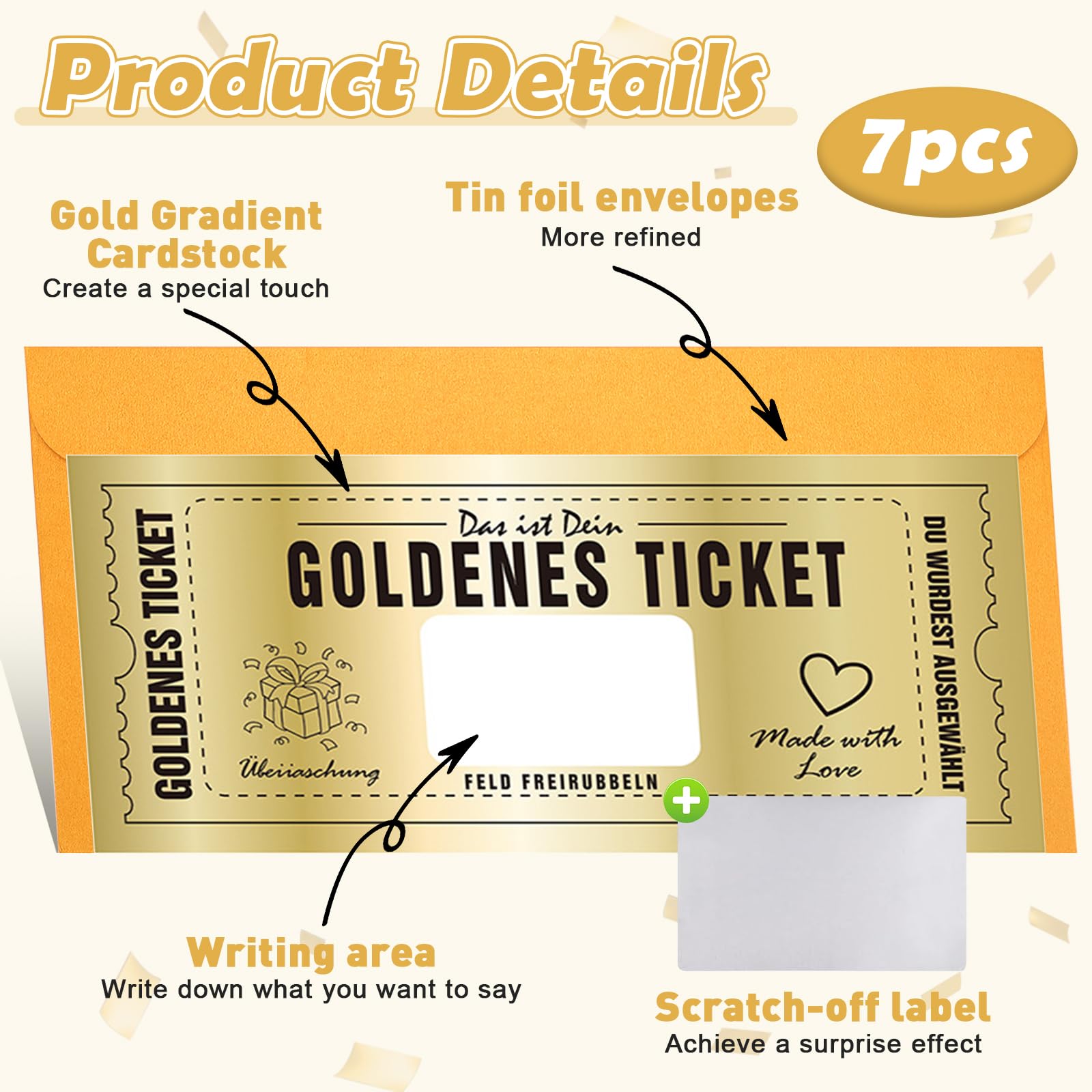 Mumjooyi 7 pcs Golden Ticket Tarjeta Rasca Cumpleaños con Sobres Tarjeta de Rascar Regalo pareja Romántico Billete Dorado para Rascar Tarjeta Golden Ticket