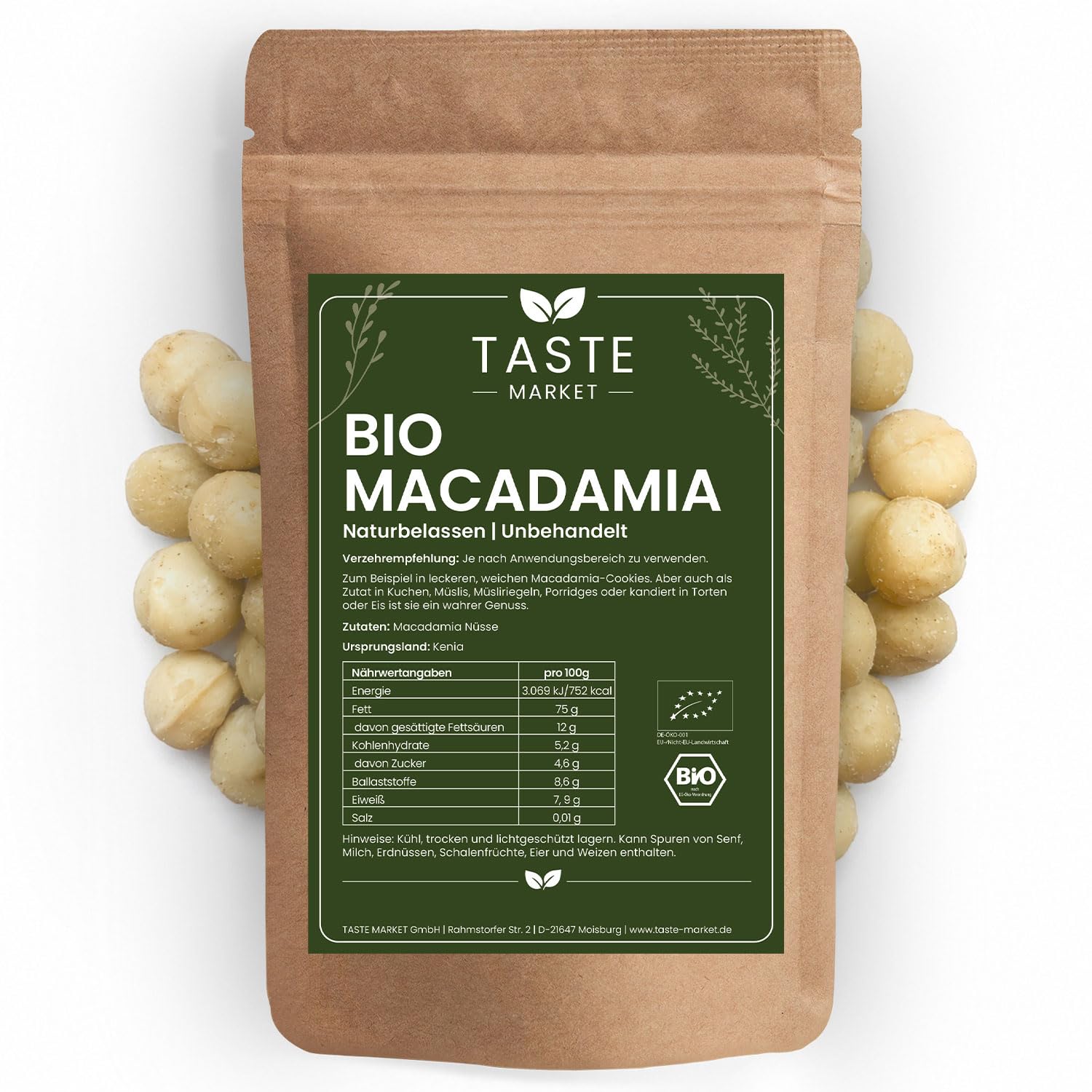5 kg BIO Macadamia Nüsse GRÖSSENAUSWAHL | ganze Nüsse | unbehandelt und naturbelassen | BIO Qualität | TASTE MARKET