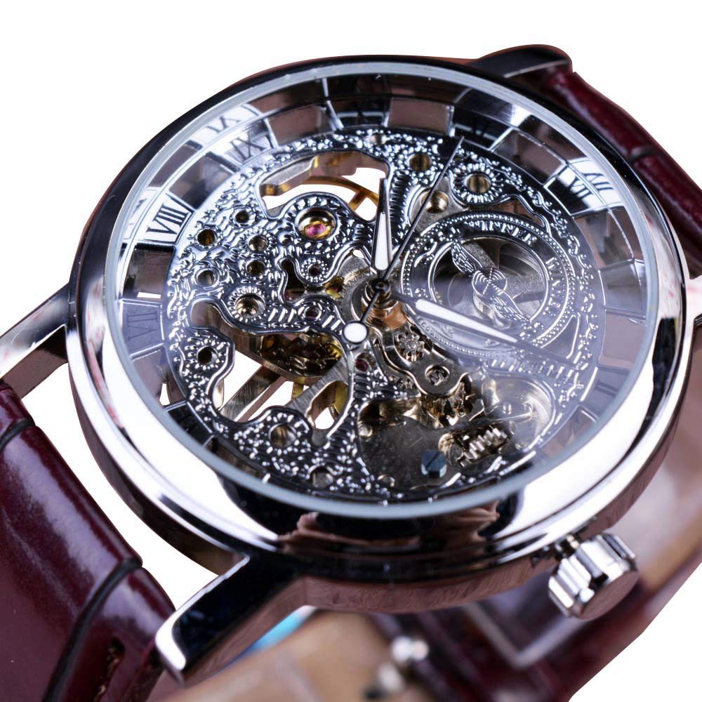 Winner Transparent Case Luxury Gold Watch for Men Brown Leather Strap Hand-Wind Skeleton Mechanical Watch Casual Fashion