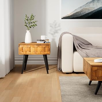 Bme Georgina Solid Wood Mid-Century Modern Side Table with Drawer Fully Assembled Bedside Table with Rustic Geometric Pattern for Living Room or Bedroom