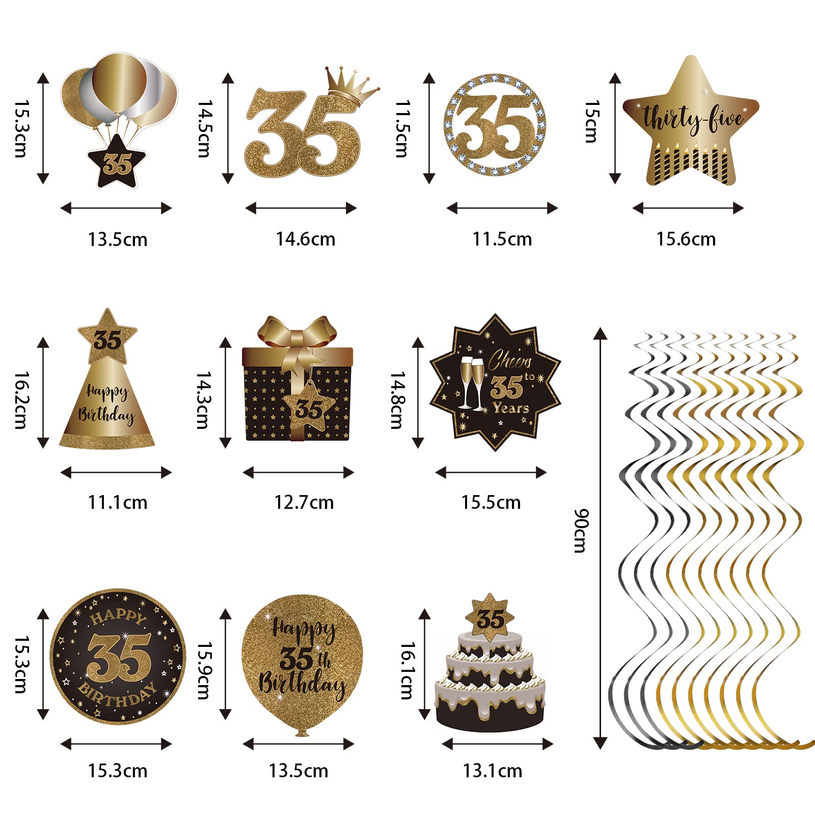 Happy 35th Birthday Party Hanging Swirls Streams Ceiling Decorations, Celebration 35 Foil Hanging Swirls with Cutouts for 35 Years Old Black and Gold Birthday Party Decorations Supplies