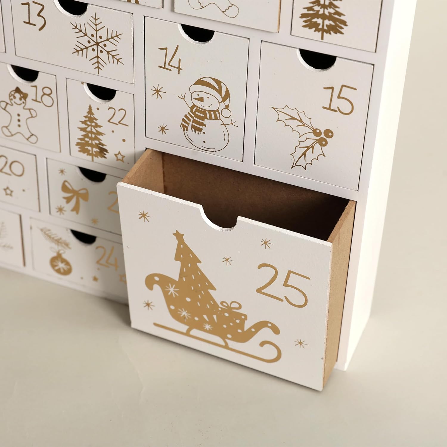 Christmas Wooden Advent Calendar with 25 Large Drawers, Countdown to Christmas Decoration Large Size Xmas Countdown Calendar 2025 Hand Painted Refillable Advent for Holiday Decoration (White)