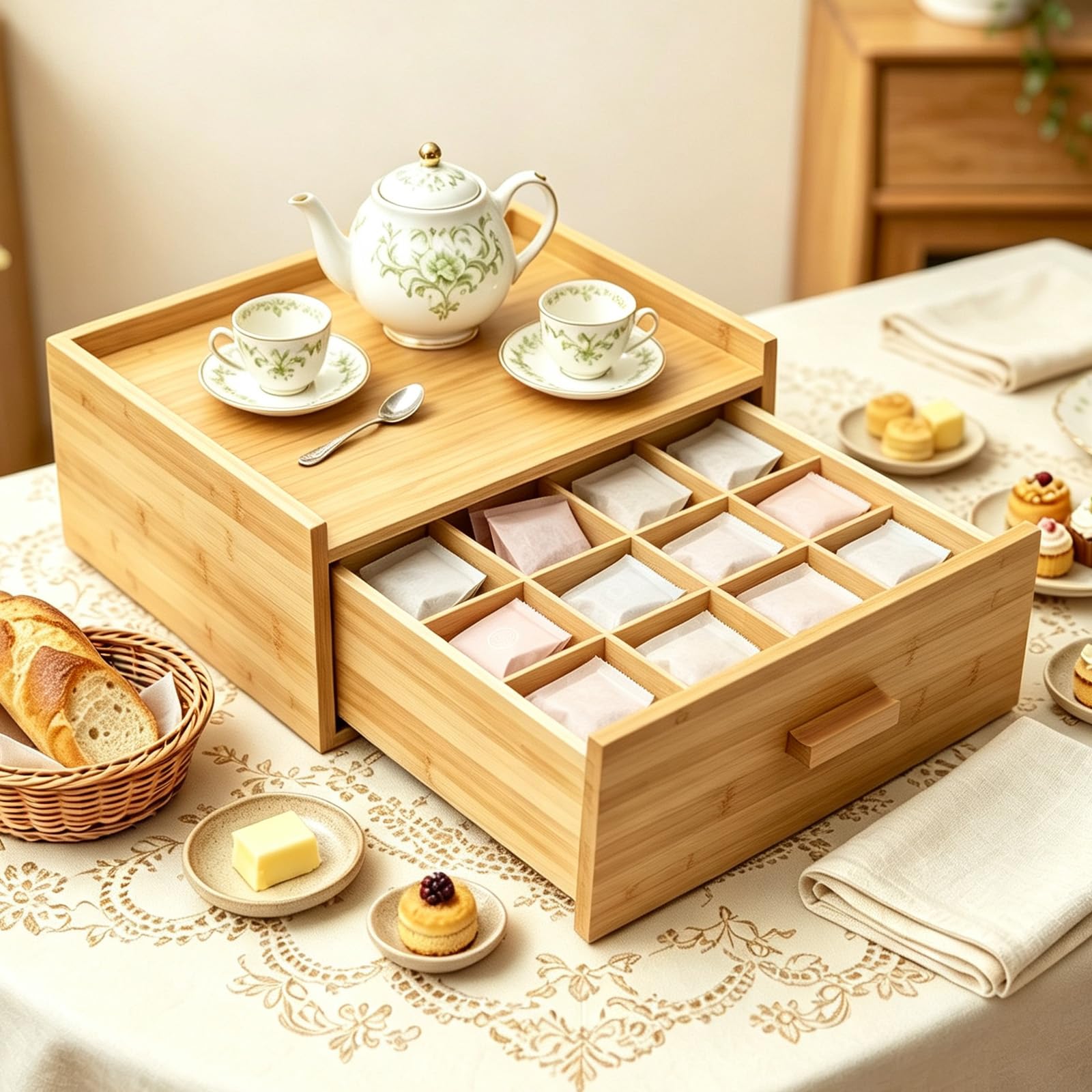Boîte de rangement en bambou marron avec tiroir, 12 compartiments pour comptoir de thé, boîte à thé en bois naturel pour dosettes de café, sachets de sucre, sachets de thé