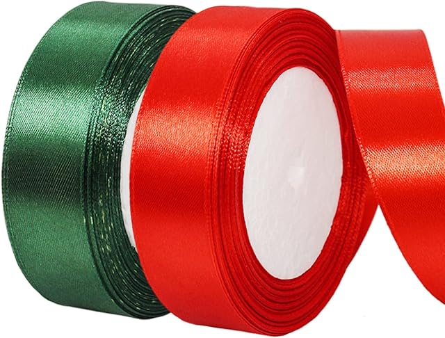 Green Red Ribbon 25mm 2x22m Christmas Wrapping Satin Ribbon, Red Green Fabric Thick Ribbon for Crafting Hair Bows Bouquets Wedding Cake Ribbon 25mm