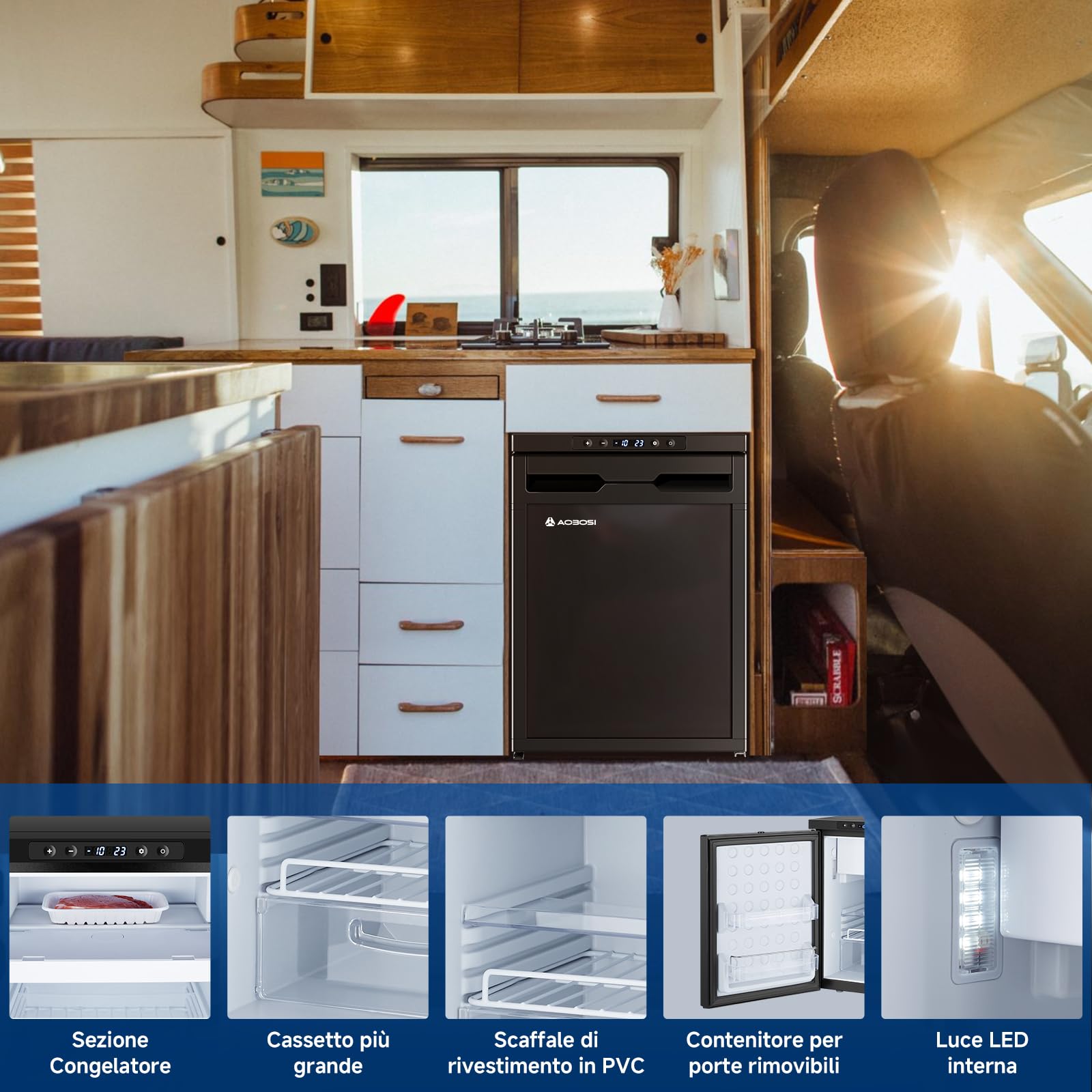 AAOBOSI 45L Frigo Portatile Elettrico, Frigo da Campeggio con APP, 12V/24V | Due Zone, Luci LED, Fino a -20°C, Frigorifero Portatile, per Auto, Camion, SUV, Camper, Barche, Campeggio e Viaggi