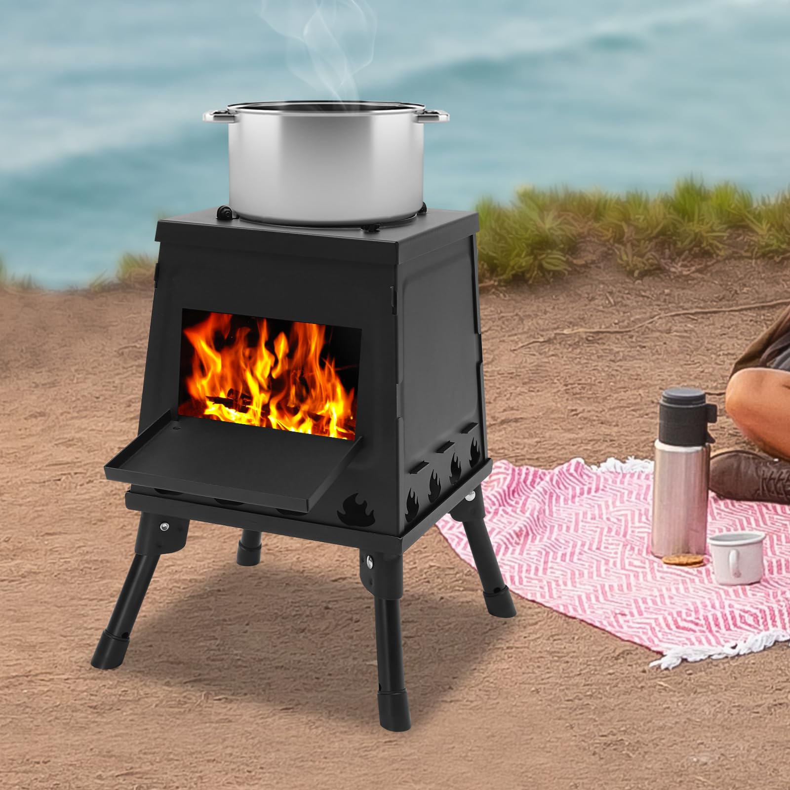 Mini estufa plegable para tienda de campaña, para camping (3-5 personas), resistente al viento, cocina y calefacción, estufa de leña portátil para picnic y al aire libre
