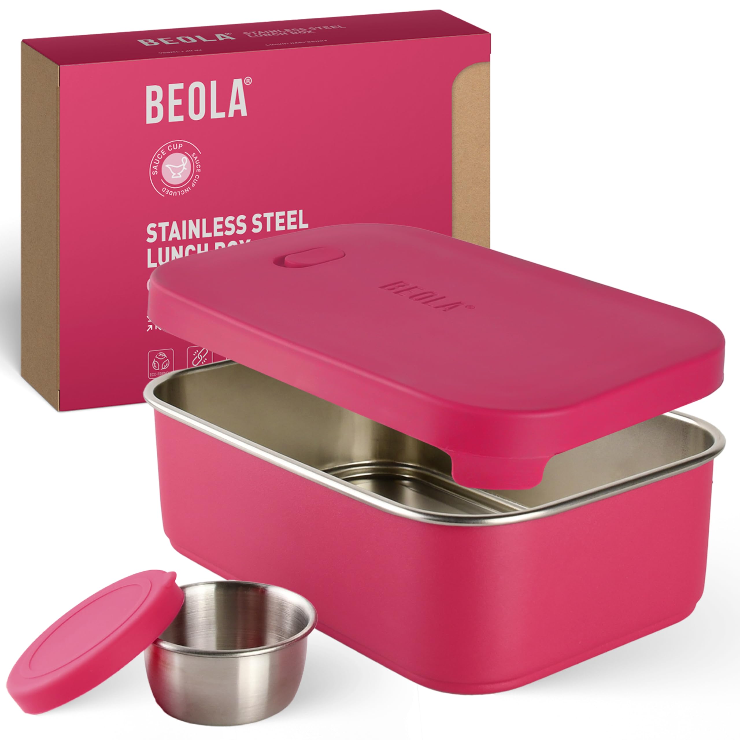 BEOLA Stainless Steel Lunch Box, 18/8 BPS free Bento Box Steel Food Container with sauce cup, Meal Prep containers, Kids School Lunch box, Tiffin box, 900ml (1pc pack, Raspberry)