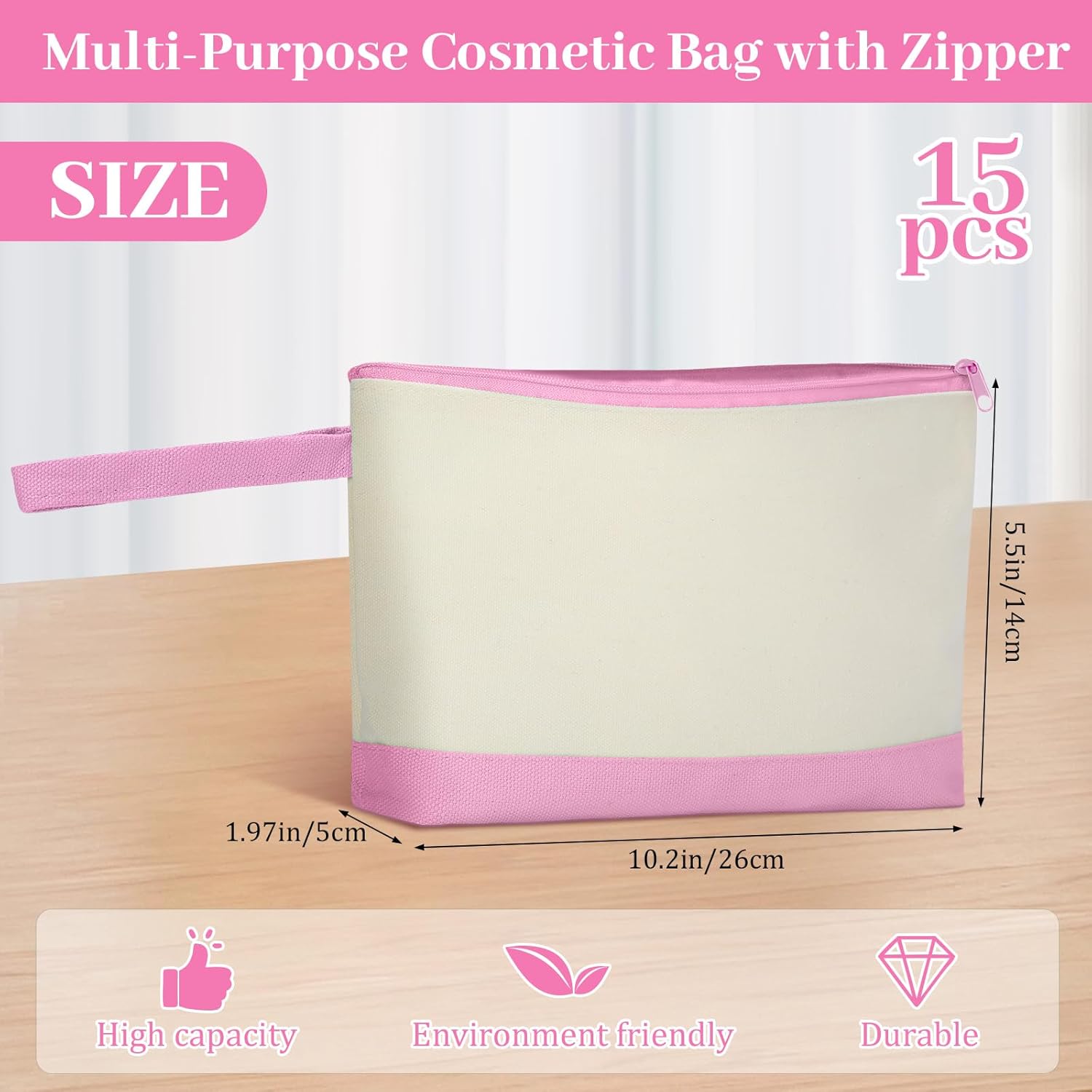 Silkfly 15 Pcs Cotton Canvas Makeup Bags Canvas Cosmetic Zipper 10.2 x 5.5 x 2 Inches Blank DIY Pouch Bag Bulk with Bottom Pencil Case Travel Toiletry Pouch for Women (Beige and Pink) - Image 2