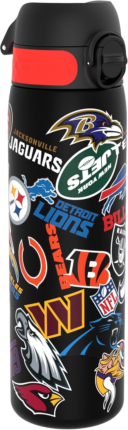 Ion8 NFL Patch Logos Water Bottle, 500 ml/18 oz, Leak Proof, Easy to Open, Secure Lock, Dishwasher Safe, BPA Free, Hygienic Flip Cover, Carry Handle, Fits...
