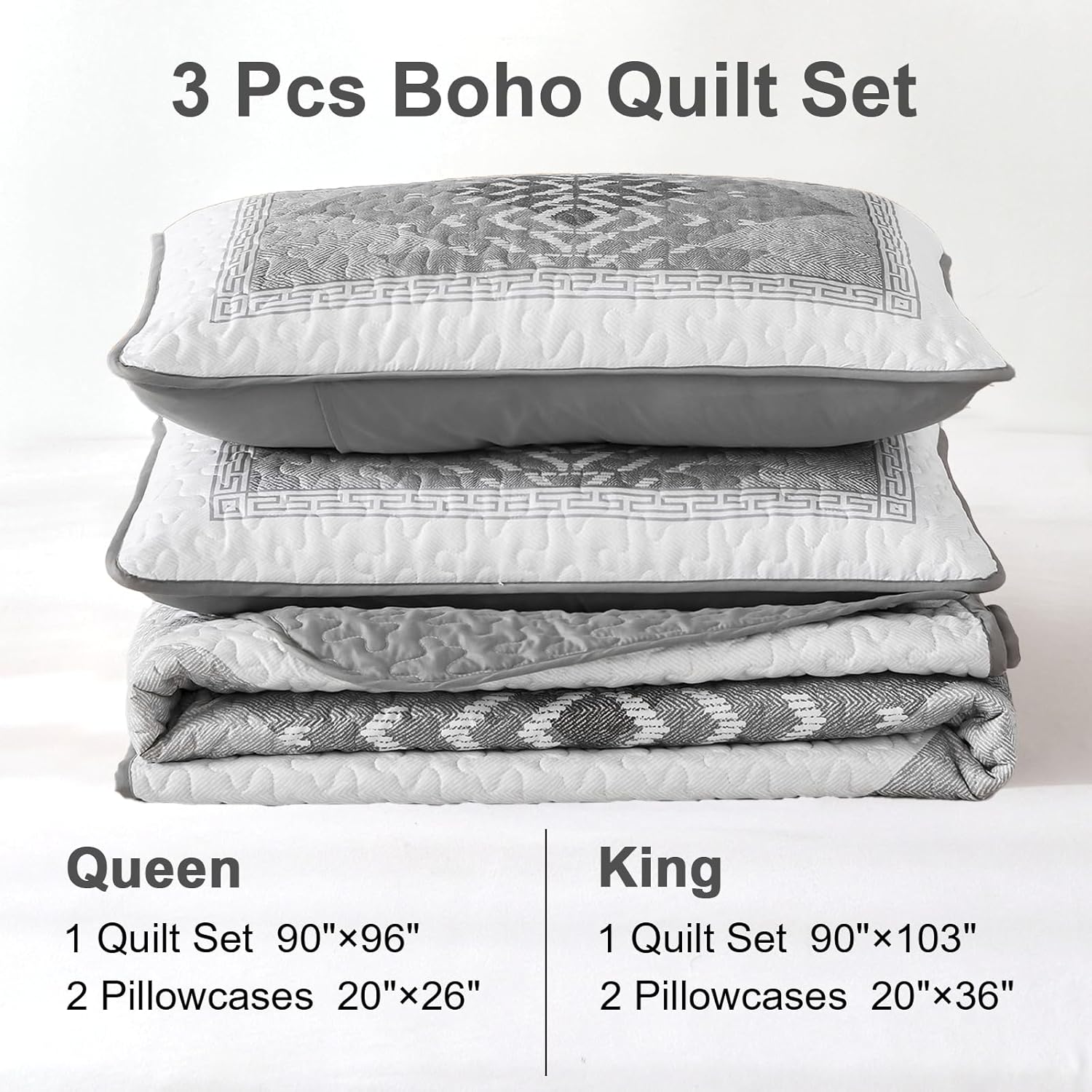 Dintszyayue Grey Quilt Set Queen Size 3 Pieces Boho Aztec Quilt Set Queen Gray Bedspread Coverlet Set with 2 Pillowcases Soft Microfiber Bohemian Quilt Bedding Set for All Season 90"x96" - Image 8
