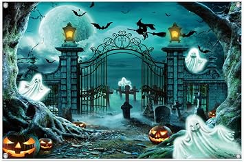 Halloween Party Backdrop 8x6.5ft Polyester Scary Full Moon Night Pumpkin Lantern Ghost Blue Photography Background Halloween Party Decorations Banner for Adults Fabric Backdrop Photo Props