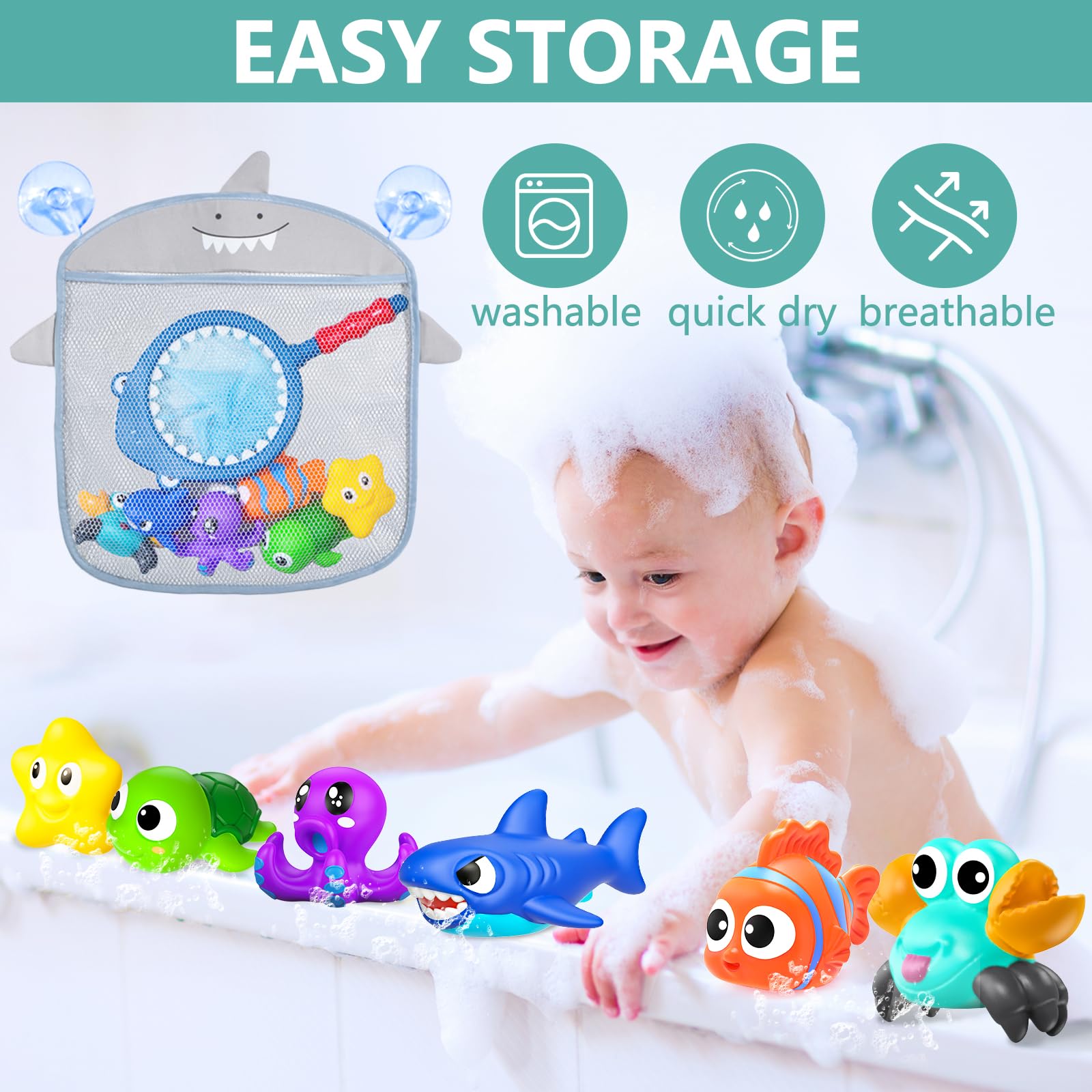 Juguetes de baño sin moho sin agujeros para niños de 1 a 3 años, juguetes de agua para bebés y niños pequeños, juguetes de baño de animales del océano para bañera, ducha, playa, piscina, mesa 3