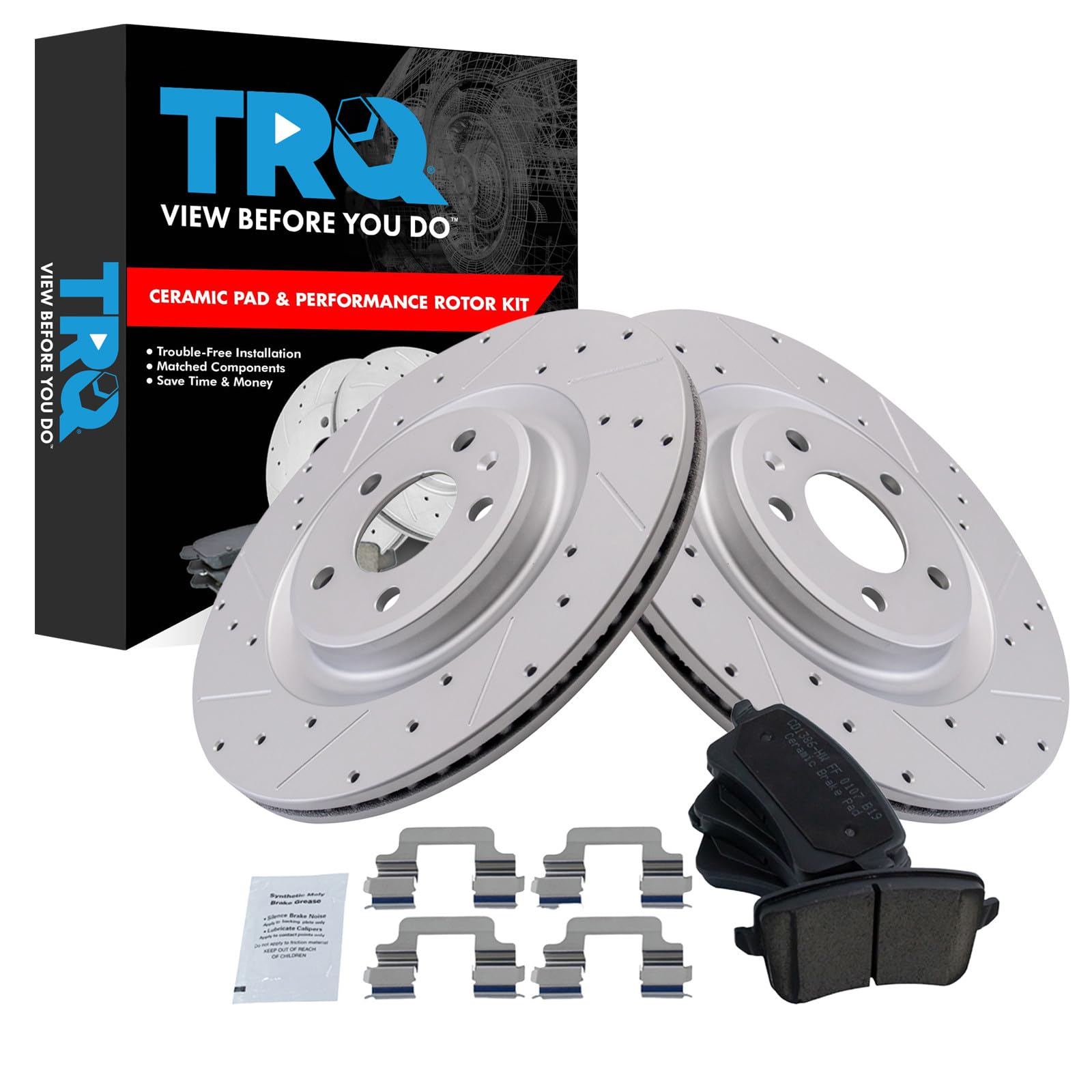 TRQ Performance Rear Brake Pad and Rotor Set Ceramic Drilled Slotted G Coated Rotors Compatible with 2013-2016 Audi Q5 2010-2016 S4 2010-2017 S5 2014-2017 SQ5