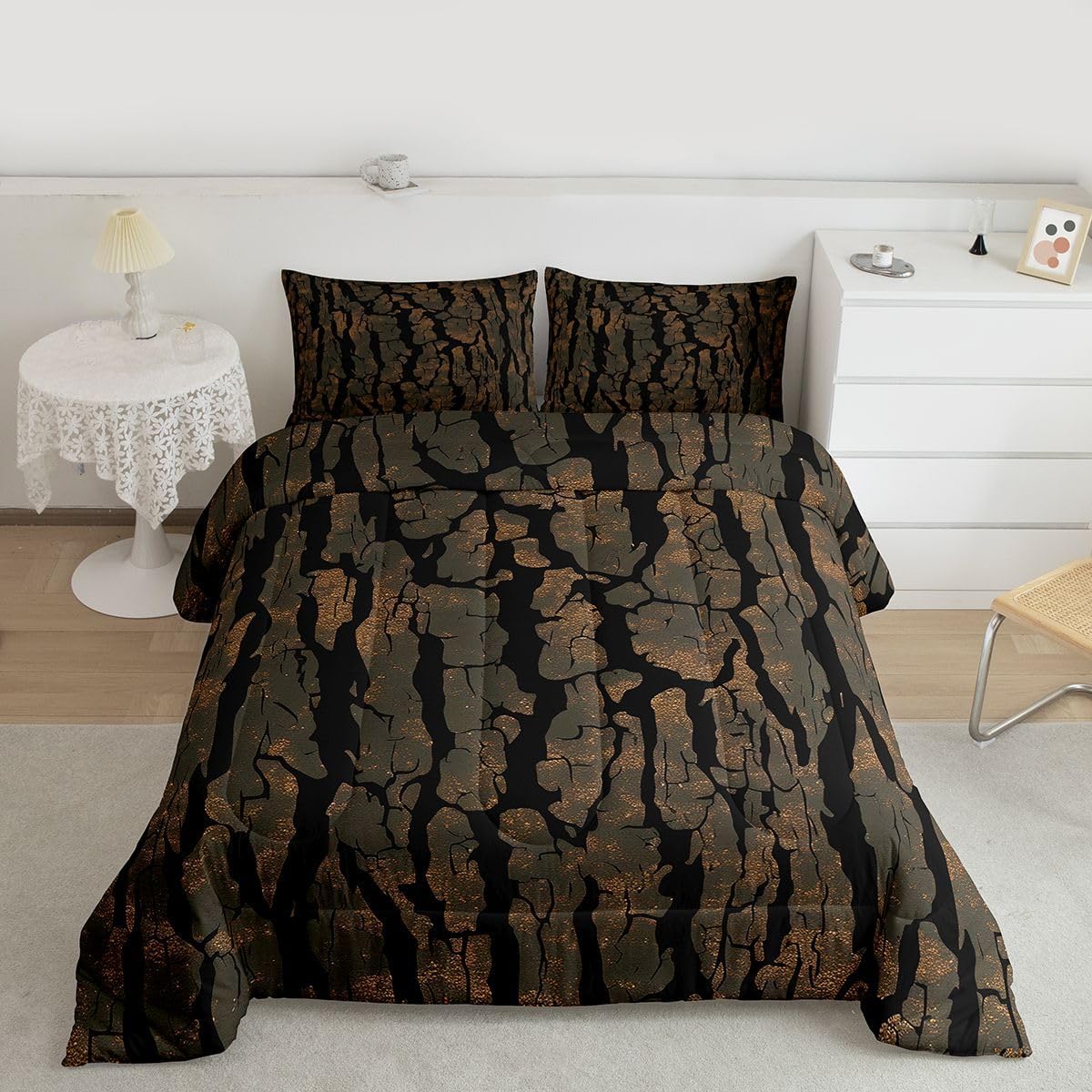 Feelyou Retro Green Woodland Camouflage Bedding Set Queen Size for Boys Teens Adults, Camo Hunting Comforter Set Mossy Oak Tree Camouflage Bedspread, All Season with 1 Comforter 2 Pillowcase