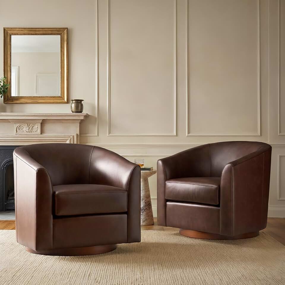 HULALA HOME Genuine Leather Swivel Barrel Accent Chairs Set of 2, Brown