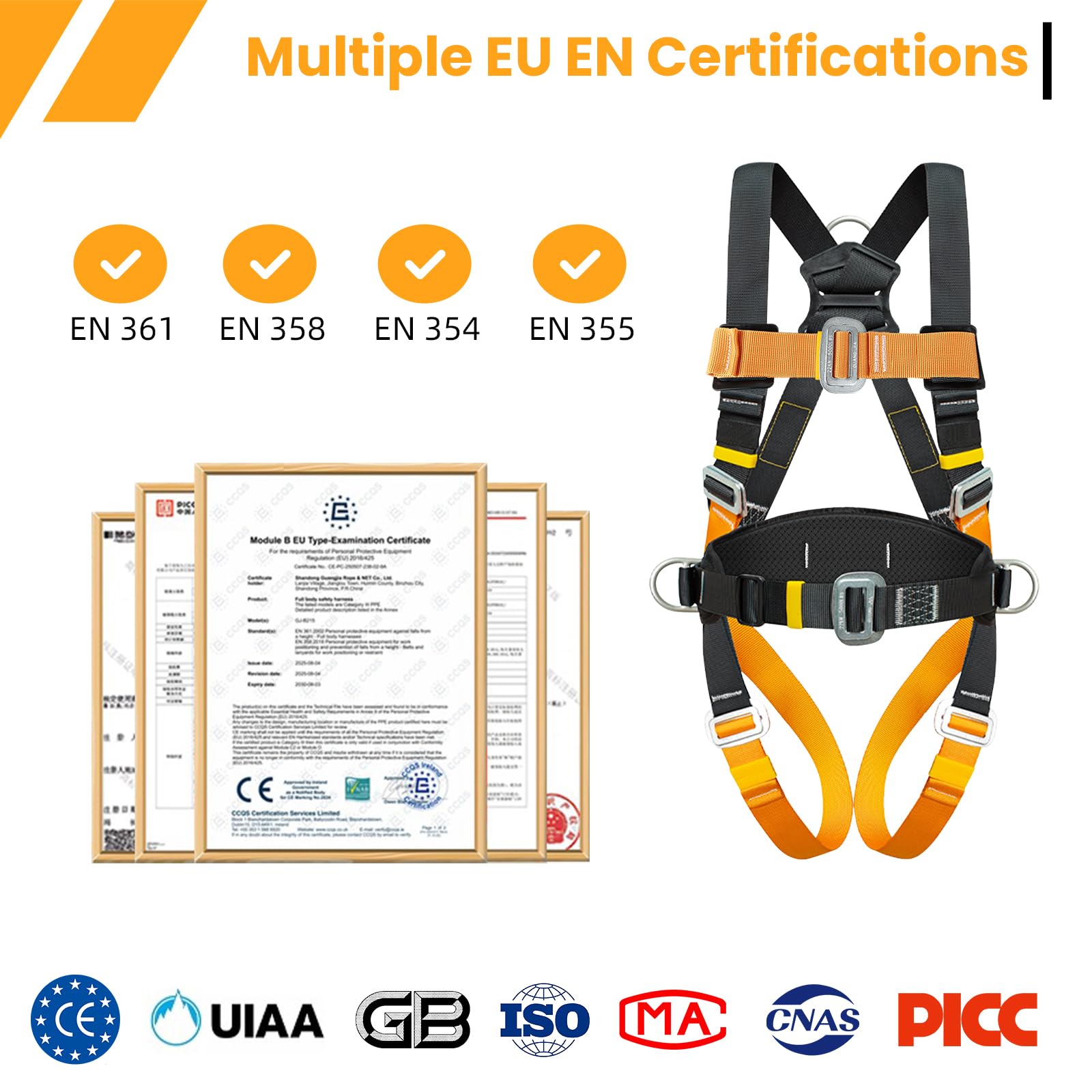 Imbracatura di Sicurezza Anticaduta Corpo Intero con Cuscino Lombare – Doppio Cordino & Assorbitore Energia, 140 kg Max, Certificata EN, Cintura di Sicurezza Anticaduta per Linea Vita tetto Kit