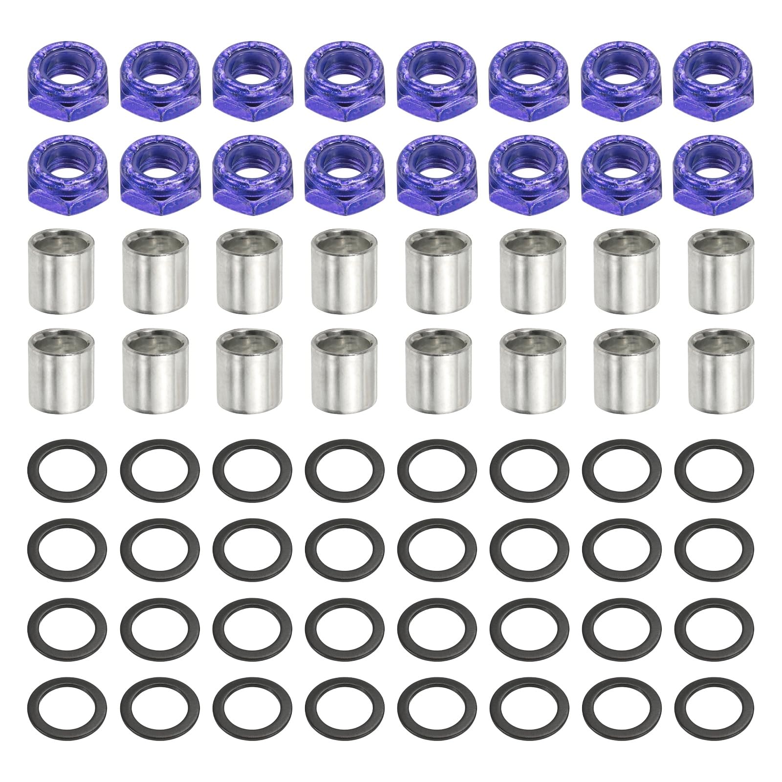 YELARXI Skateboard Truck Hardware Kit, Including 16 Pcs Skateboard Truck Nuts, 16 Spacers and 32 Pcs Axle Washers Purple-Fitting For(Most Scooters/LongBoards/Hardware Kit)
