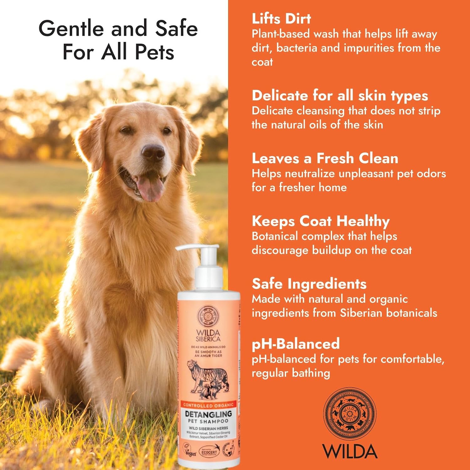 Controlled Organic Detangling Pet Shampoo for Dogs & Cats, Wild Amur Velvet Extract, Organic Ginseng Extract & Cedar Oil, Vegan, pH Balanced, Knot-Free Soft Coat, 400 ml image 2