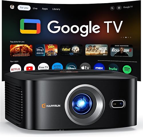 Proyector inteligente Google TV con licencia oficial 1500 ANSI, HAPPRUN 4K Full HD Home Theater con enfoque automático, sonido Dolby, Wi-Fi