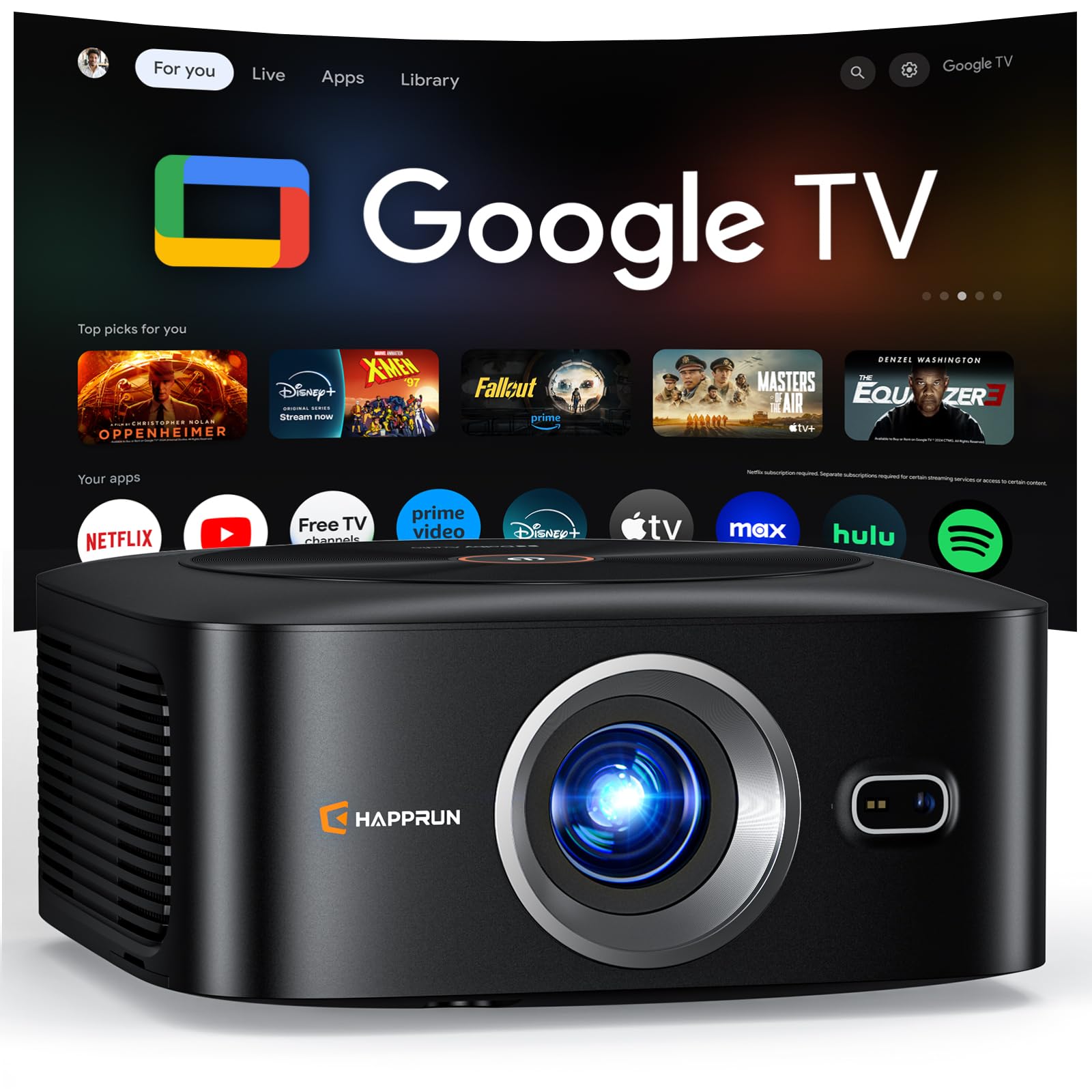 1500 ANSI Official Licensed Google TV Smart Projector, HAPPRUN 4K Full HD Home Theater with Auto Focus, Dolby Sound, Wi-Fi Bluetooth, Built-in Apps, Compatible with Phone & PC, Indoor & Outdoor Use