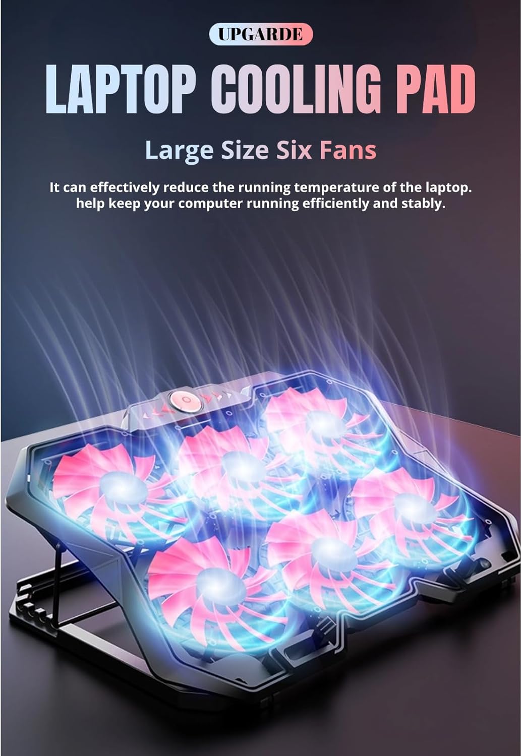 Laptop Cooling Pad, 6 Height, Silent Design with Large Size Compatibility and Efficient Heat Dissipation for 19in Laptops, Gaming Notebook Cooler, Metal Mesh