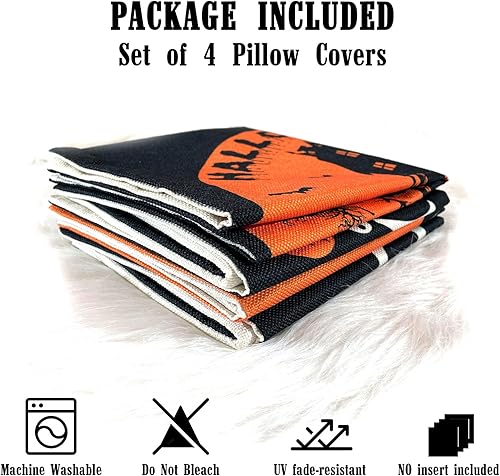 Miniatura 4 de CREATRILL Juego de 4 fundas de almohada de Halloween de 18 x 18 pulgadas, funda de almohada de lino suave con castillo de gato negro, decoración