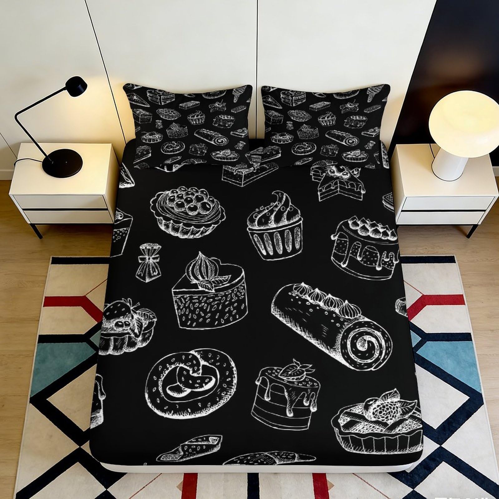 3D Printed Dessert Pattern Fitted Sheet Microfiber Deep Pocket Non-Slip Bedroom Bedding Cake Mattress Fitted Cover Washable Home Use 200x200x25cm 90x200x25cm
