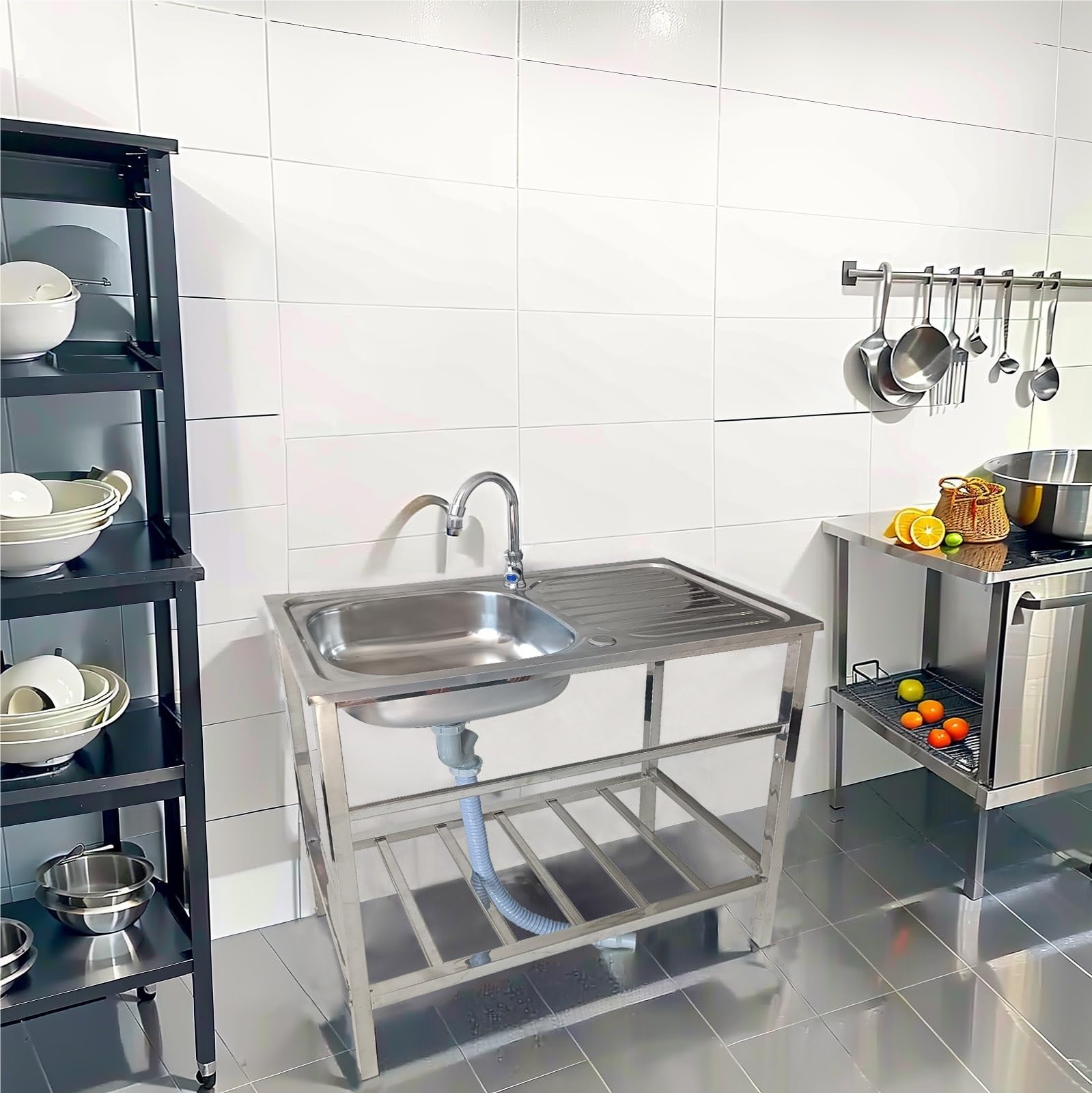 Gastro Waschbecken Edelstahl, Spülbecken Küche, Spüle Freistehend, Cken Küche Mit Wasserhahn & Schwammbürste, Für Den Innen- Und Außenbereich, Garagen, Außen Innen, Wäsche