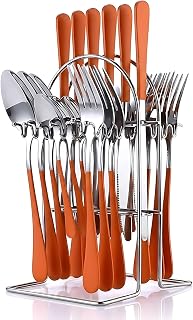 Orange Silverware Set with Holder for 6-24 Piece Stainless Steel Flatware Set with Spoons, Forks, Knives, Heavy Duty Mirror Polished Flatware for Home, Kitchen, Restaurant (Orange-Silver)