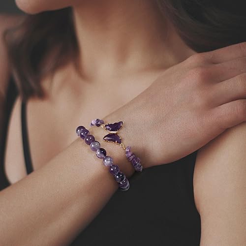 Miniatura 2 de GolbalJew Pulsera de Amatista para Mujeres Ansiedad Pulseras de Cuentas de Amatista Dijes de Mariposa Piedra Curativa Pulsera en Capas Regalos