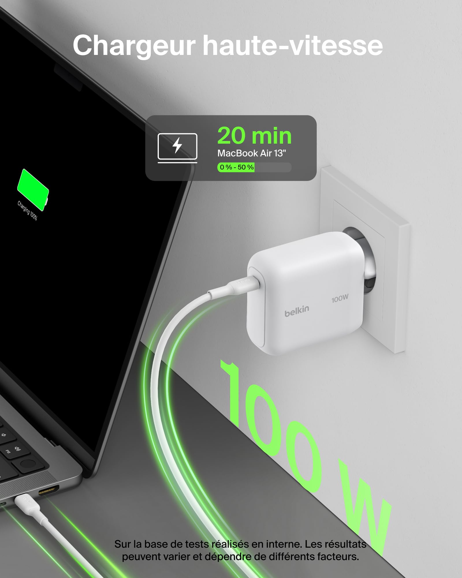Belkin BoostCharge Chargeur Secteur GaN USB-C 100 W, Chargeur Compact Et Pliable, Recharge Rapide, pour iPhone 17, Samsung Galaxy S26, Pixel 10, Tablette, MacBook, Câble USB-C 1,5 m Fourni - Blanc