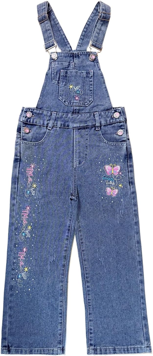 Peacolate 5-10years Little Big Girls Butterfly Embroidery Blue Denim Overalls