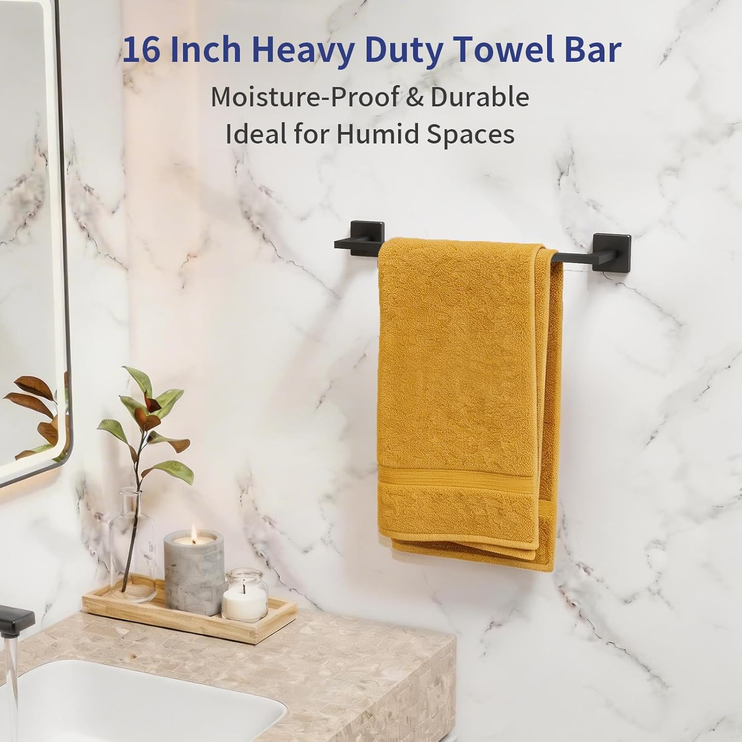 Matte Black Towel Bar, 16 Inch Towel Rack for Bathroom Wall Mounted, Thicken SUS304 Stainless Steel Heavy Duty Hand Towel Holder, Space Saving Towel Rod Modern Home Decor