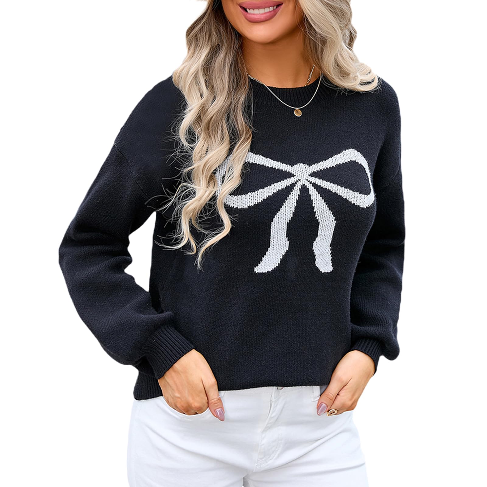 Women Cute Bow Knit Sweater Y2k Long Sleeve Crew Neck Knitted Pullover Top Oversized Going Out Fall Winter