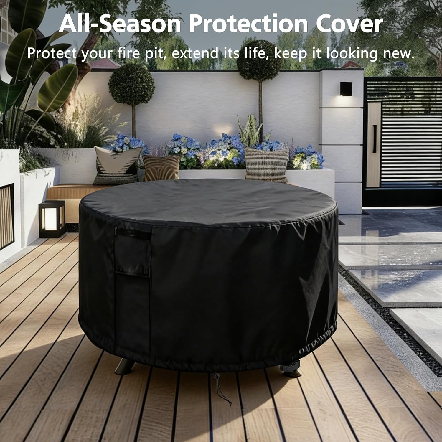 TheElves Fire Pit Cover Round, 44in Firepit Covers Round Waterproof Heavy Duty for 43-44 Inch Propane Firepits, Gas Firepits, Fireplace, Fire Table, Fire Ring - 44''D x 24''H