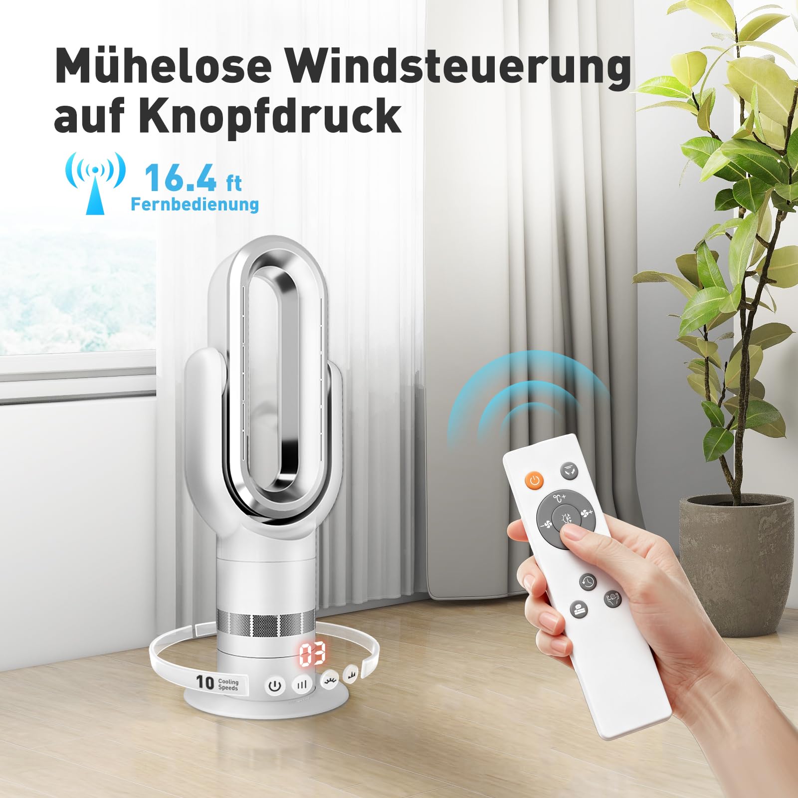 QG660 Bladeless Turmventilator, 2-in-1 Heizgerät & Kühlventilator, 10 Kühl- & 3 Heizstufen, Fernbedienung & Touch-Steuerung, Ultra-Leiser & Energiesparender DC-Motor