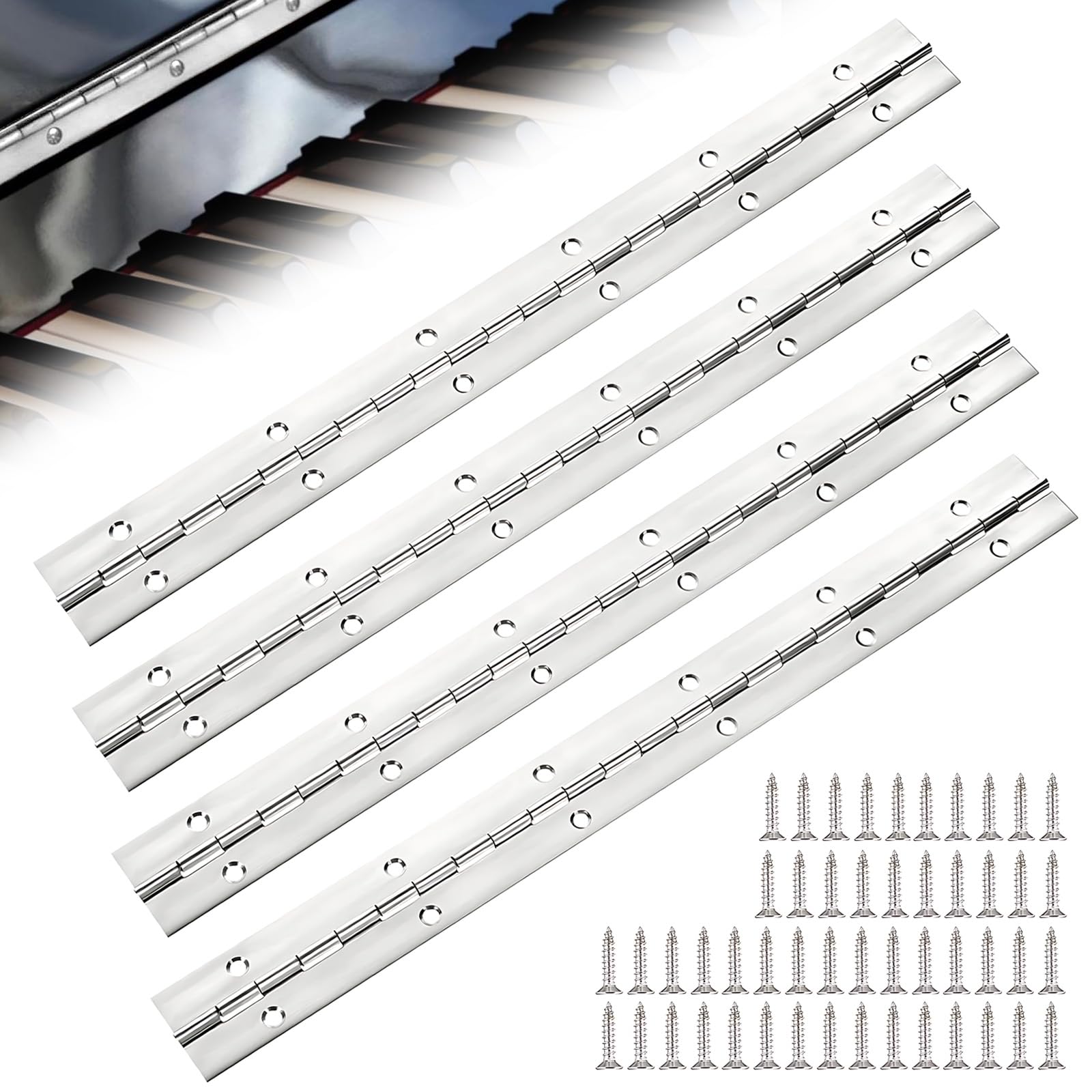 4PCS 12 Inch Piano Hinges Heavy Duty, 300mm Long Continuous Hinges with 50 Screws, Stainless Steel Polished Metal Hinge for Pianos Wood Cabinet Door Large Window Boats Toolbox