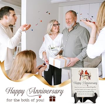 LukieJac Anniversary Couples Gifts - Cardinal Ceramic Plaque - Happy Anniversary Presents for Couples - Romantic Wedding Celebrate Keepsake Desk Decorations Christmas Gift