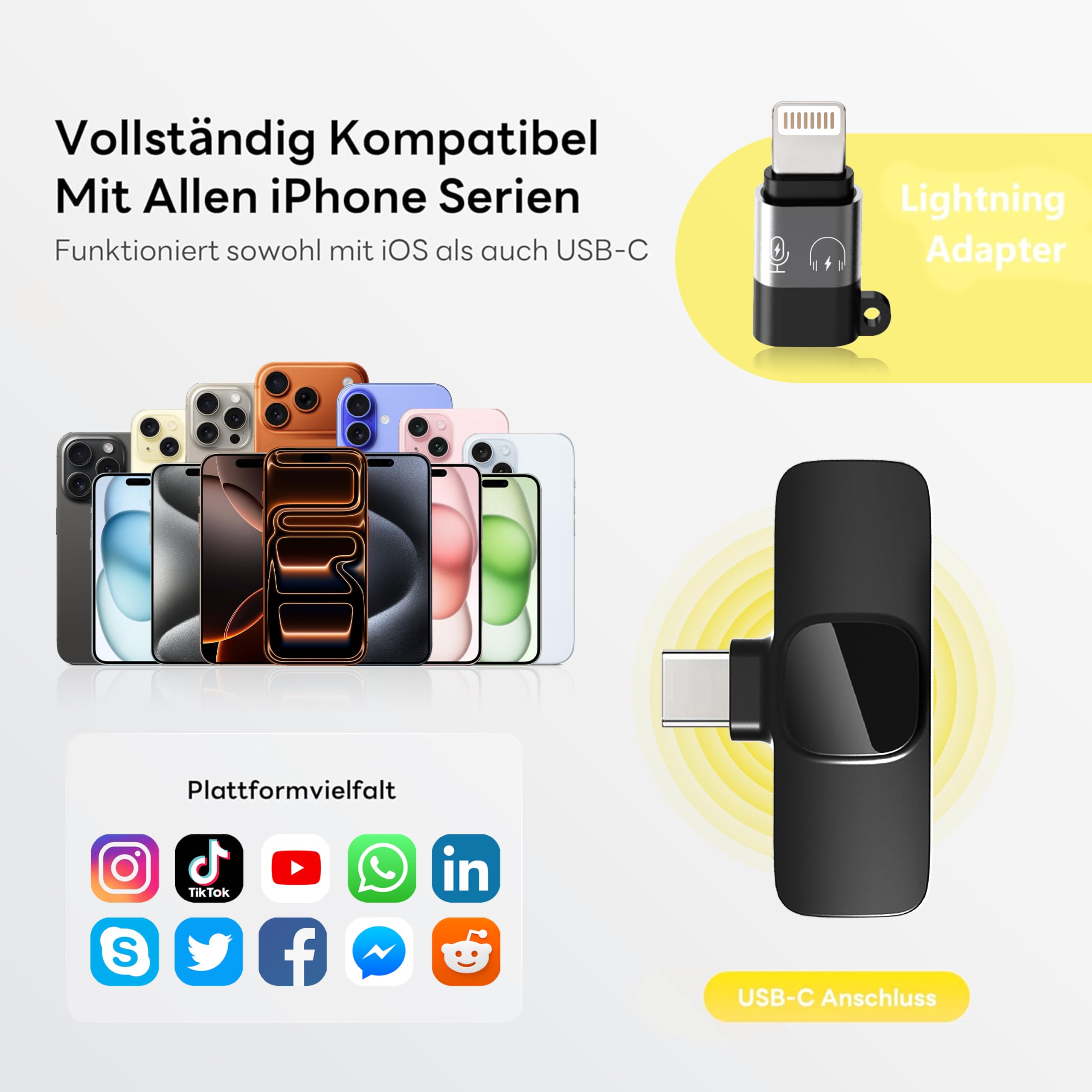 Kabelloses Lavalier Mikrofon für iPhone, Android & Handy – Mini mikrofon mit USB-C & Lightning, 10h Akkulaufzeit, 2,4 GHz Wireless Microphone für Vlog, Video, Interview & Podcast (Schwarz)