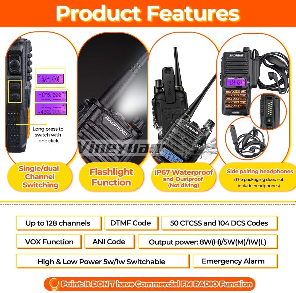 UV-9R Plus Radio Doppia Banda 8W 2500mAh UHF VHF IP67 Impermeabile alla polvere Ricetrasmettitore Walkie Talkie impermeabile alla polvere