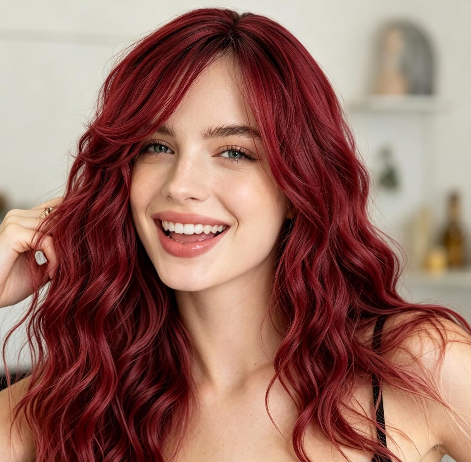 Fencca Brown Wigs for Women with Bangs 18 Inch Highlight Brown with Curtain Bangs Wave Curly Wig Synthetic Heat Resistant Hair Wigs for Daily Party Use