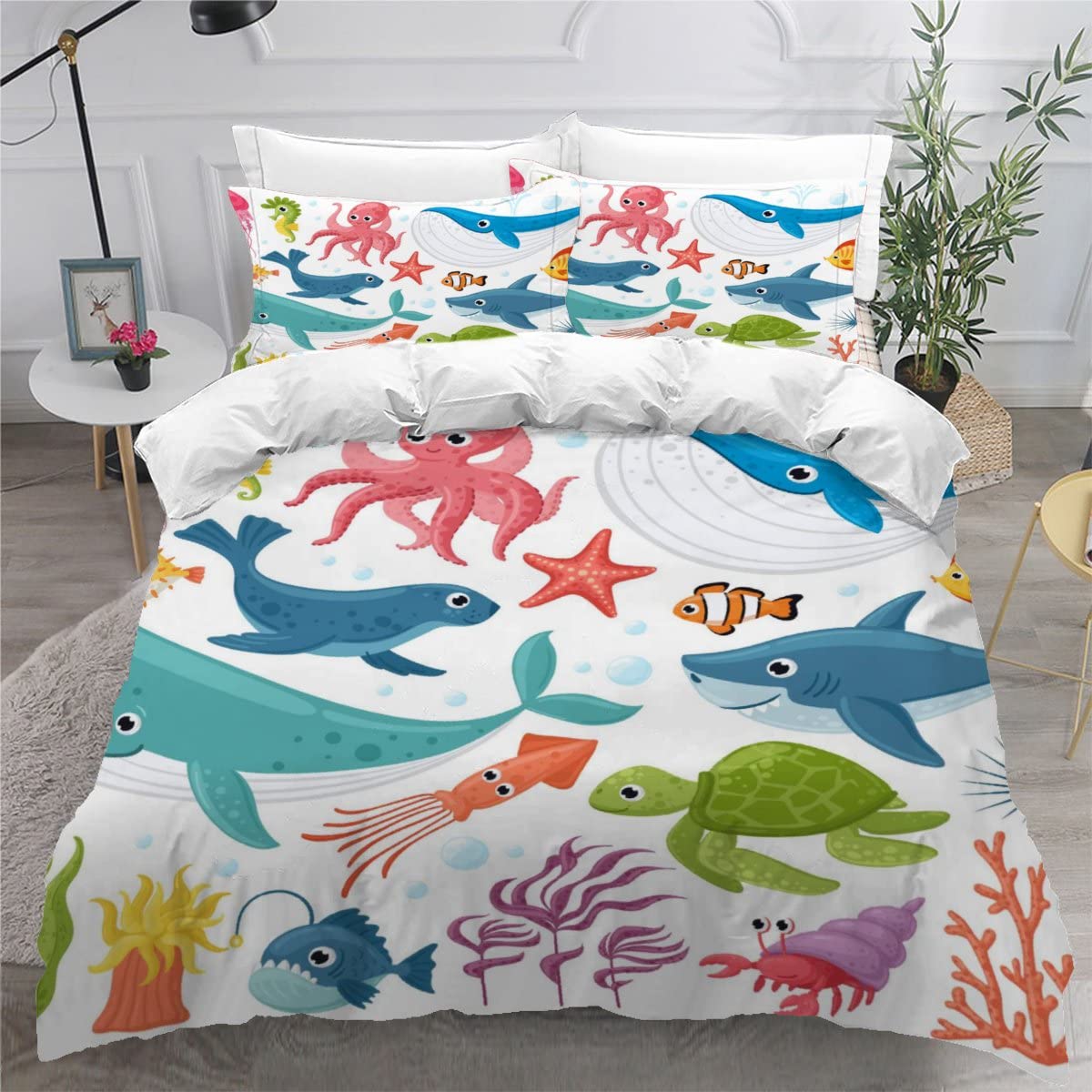 VASENA Duvet Cover King Size 3d Printed Adults Teenager Microfiber Fluffy Kingsize Bedding Cartoon Sea Animals Octopus Shark Turtle Comforter Cover King Size with Pillowcases（230x220）