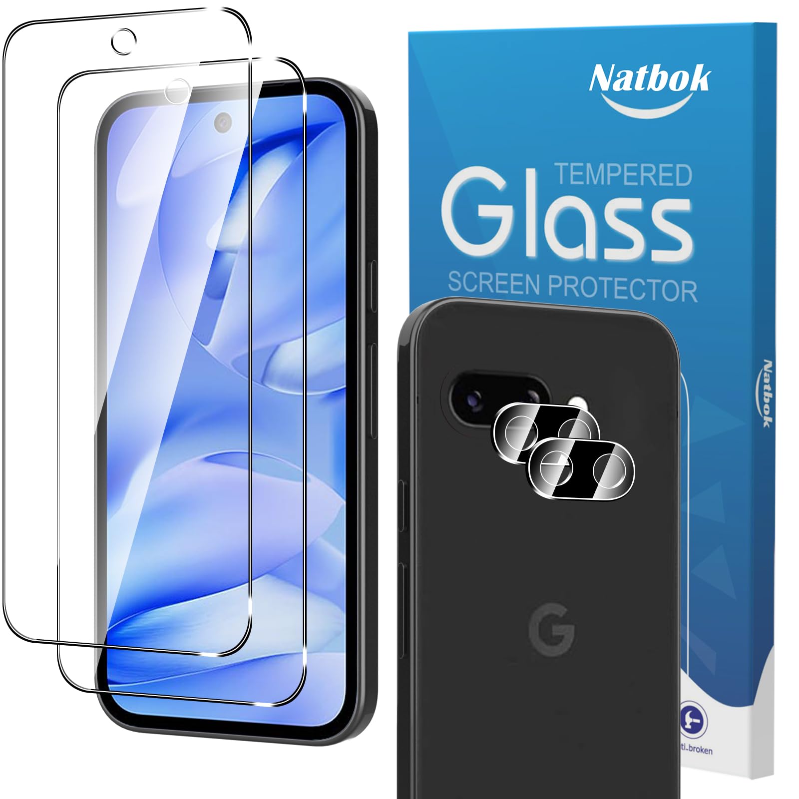 Natbok 2+2 Pack for Google Pixel 9a Screen Protector with Camera Lens Protector,Full Coverage 9H Tempered Glass Film,HD Cl...