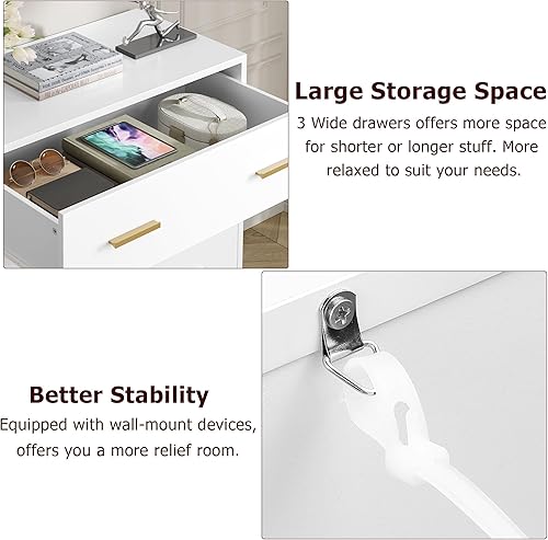 Miniatura 7 de FOTOSOK Cómoda blanca con 3 cajones, cómoda de oro blanco con mango y marco de metal, cómoda de 3 cajones para oficina en casa, 31.4 pulgadas de