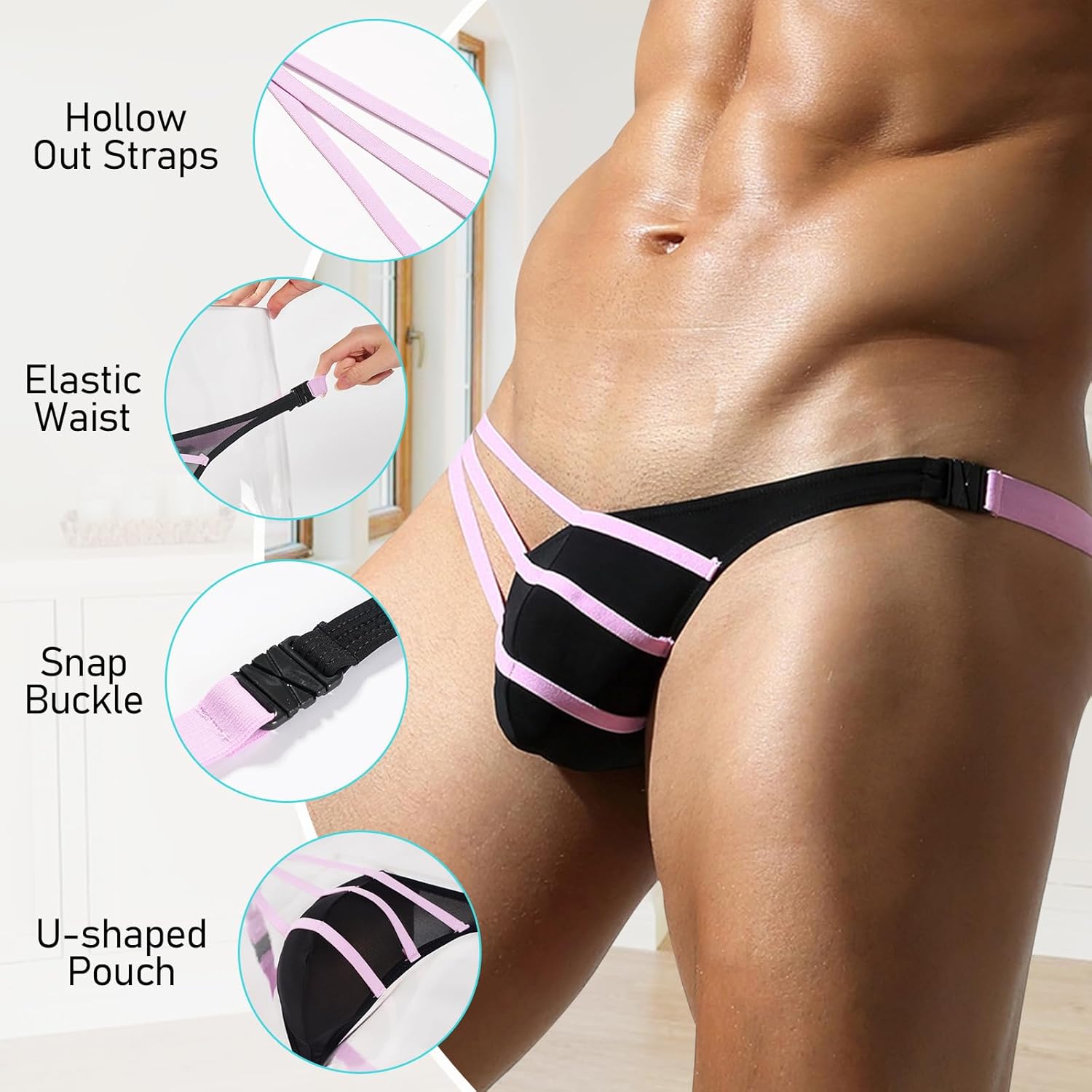 Mens Side Buckle Thongs Hollow Out Straps G-string Briefs Splicing Color Underwear - Image 2