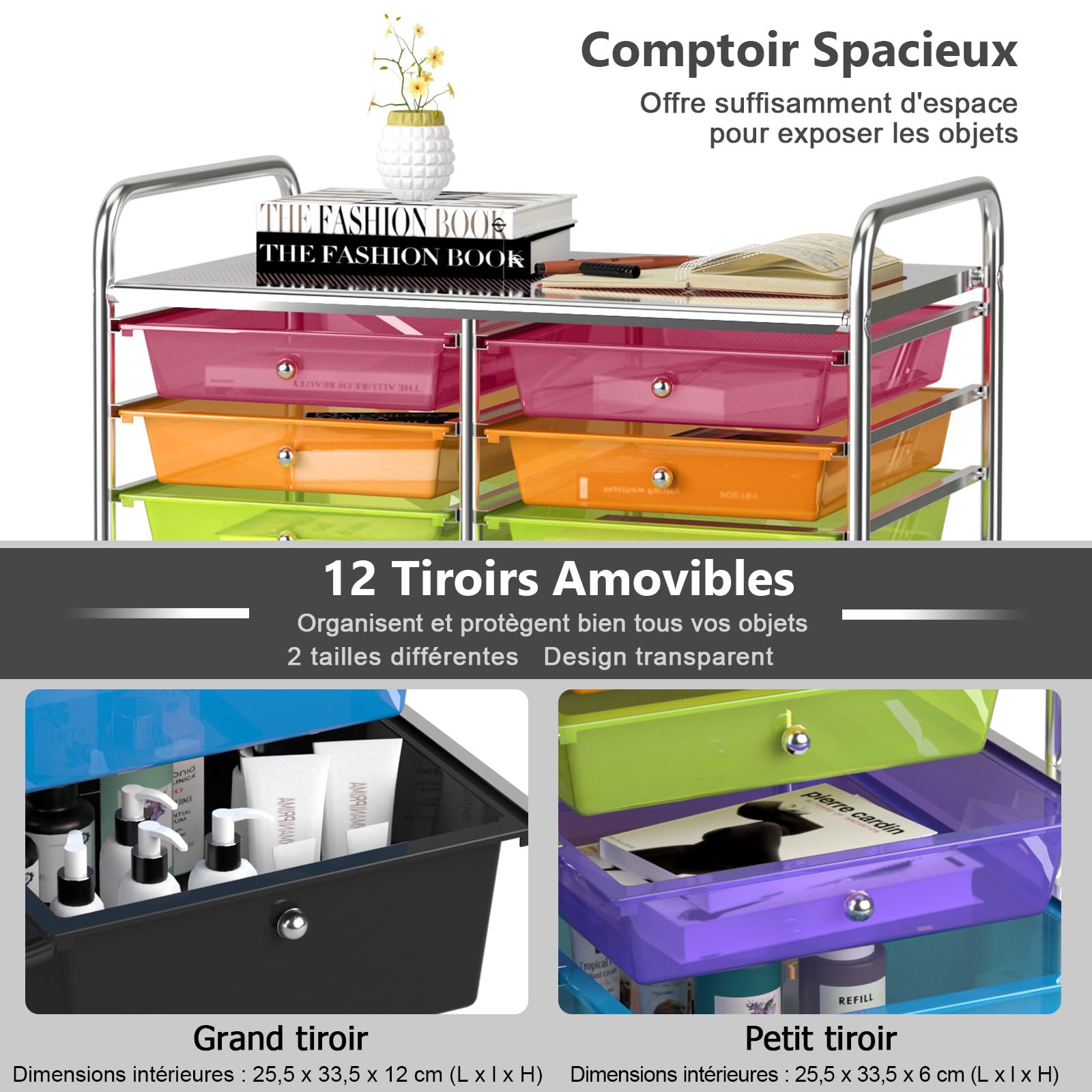 Giantex Chariot de Rangement à roulettes 12 Tiroirs Amovibles, Tour de Rangement Mobile Utilitaire à Plateau & Poignées, Desserte à roulettes pour Salon Bureau Chambre, 64x38x75CM (Multi-Transparent)